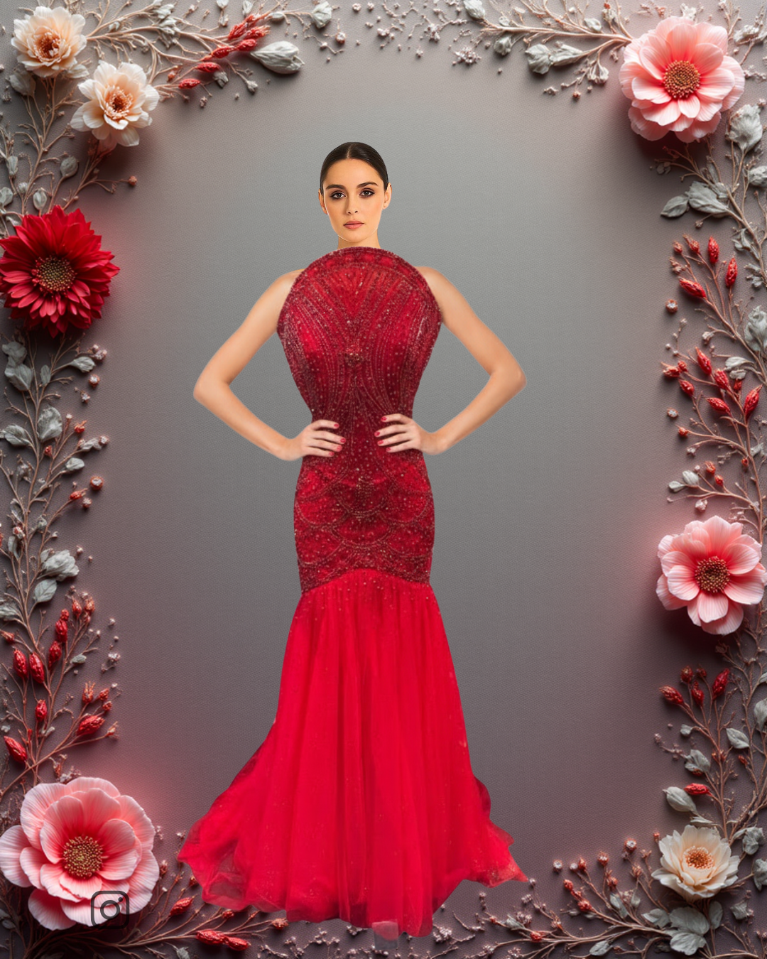Ruby Red High-Neck Evening Gown with Beaded Bodice & Mermaid Silhouette